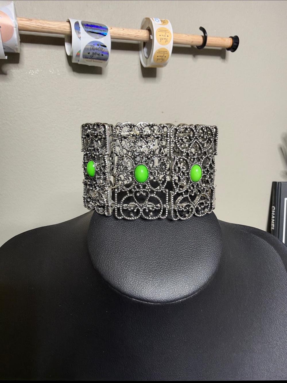 Filigree Statement Cuff Bracelet with Neon Green Cabochons